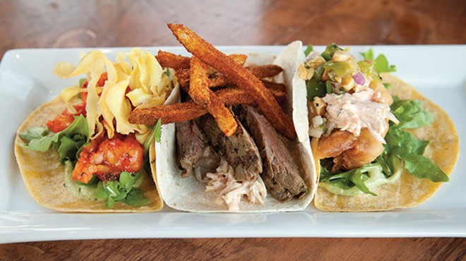 A selection of tacos: barbequed shrimp, "Pittsburgh taco" and beer-battered cod