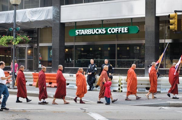 &quot;Burmese Monks and Starbucks&quot; (2009), by Mark Perrott.