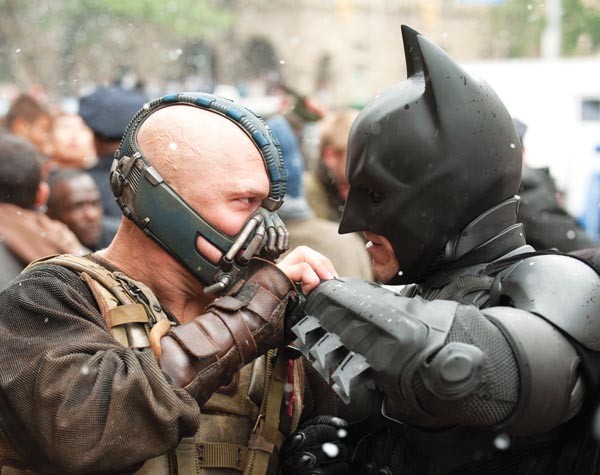 B-boy brawl: Bane (Ton Hardy) vs. Batman (Christian Bale)