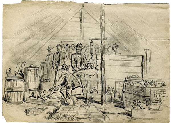 Joseph Becker's "Distributing Thanksgiving Favors to the Soldiers of the Army of the Potomac During the Siege of Petersburg, November 24, 1864."