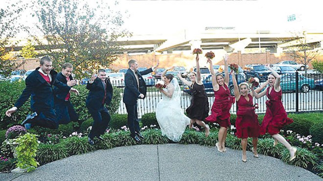 Jumping wedding party photos