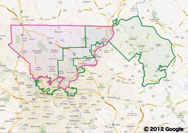 The green line shows the boundaries of the current Senate District 38. The red line shows the new 38th District.