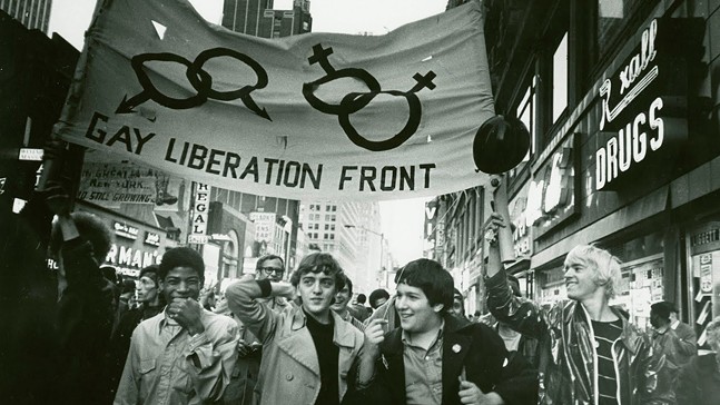 Gay Liberation Front march on Times Square in New York, N.Y., 1969.
