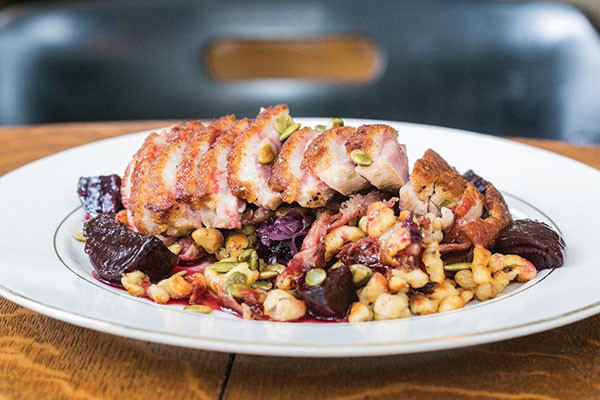 Whitfield: Roasted Duck from Whitfield at Ace Hotel: Duck confit, spaetzle, honey beets, sweet and sour cabbage and pepitas