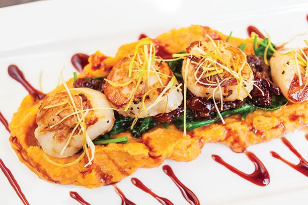 Scallops with sweet-potato purée, cherry-bacon chutney and port wine