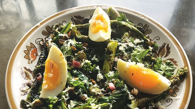 Grilled asparagus with ramps, hard-boiled egg and horseradish