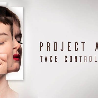 A fragmented picture of a woman's face displays different emotions: a grin, a scream, a wink, a stare. The text reads "Project Amelia. Take Control"
