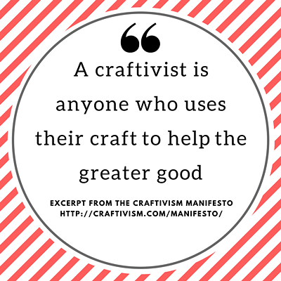 A circle of text saying "A craftivist is anyone who uses their craft to help the greater good."