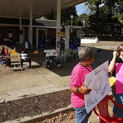 Community activists protest the alleged assault of two Black women customers at a Marshall-Shadeland gas station
