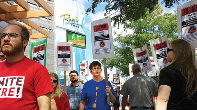 Workers and supporters picket at the Rivers Casino in August