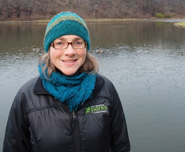 Erin Copeland, a senior restoration ecologist for Pittsburgh Parks Conservancy, at Panther Hollow Lake, which is prone to flooding