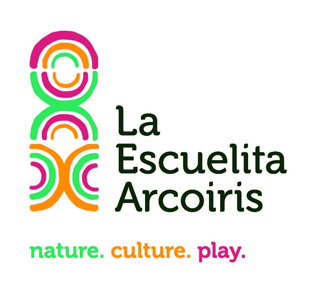 La Escuelita's logo is in green, orange and red and features key words that highlight our program: nature, culture, play.