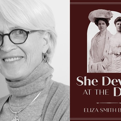 Eliza Smith Brown, author of She Devils at the Door, on left. Cover of She Devils at the Door on right.