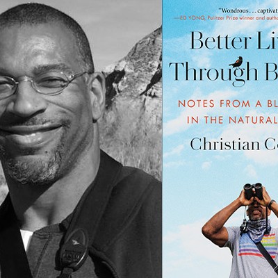 Christian Cooper, author of Better Living Through Birding, on left. Cover of Better Living Through Birding on right.