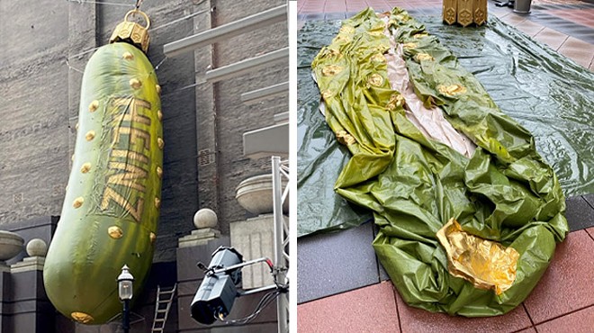 Pittsburgh's giant pickle ornament bursts, just like all of our dreams