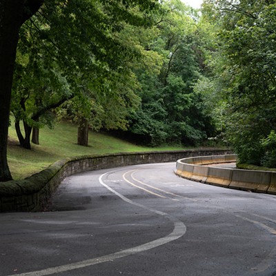 A road lined on one side by jersey barriers winds among trees