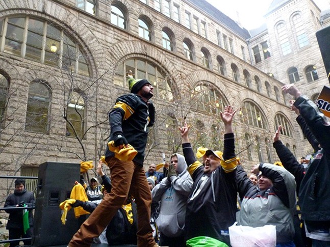 Pittsburgh fans cheer on Steelers at Friday's playoff rally downtown; game time moved to 8:20 p.m. Sunday evening
