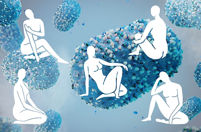 Silhouettes of naked ladies on top of a close-up medical depiction of the monkeypox virus