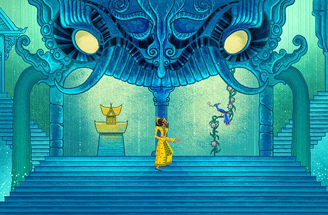 An animated still of a person in a bright yellow outfit looking at a peacock perched on a vine.