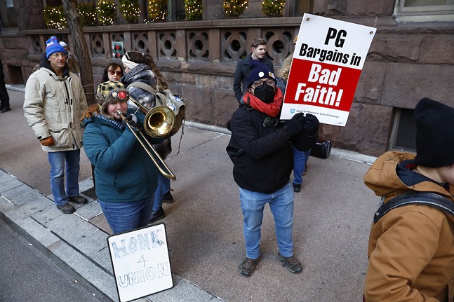 Striking Post-Gazette workers protest outside publisher's Duquesne Club wedding reception