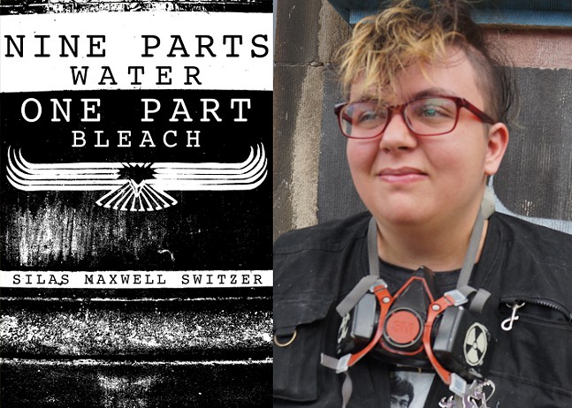A young poet with bleached hair, glasses, and a punk outfit is pictured next to a book cover for the collection Nine Parts Water, One Part Bleach.