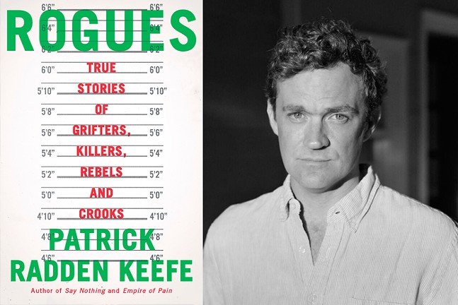 A black and white photo of Patrick Radden Keefe is connected to the book cover design for his book Rogues: True Stories of Grifters, Killers, Rebels and Crooks