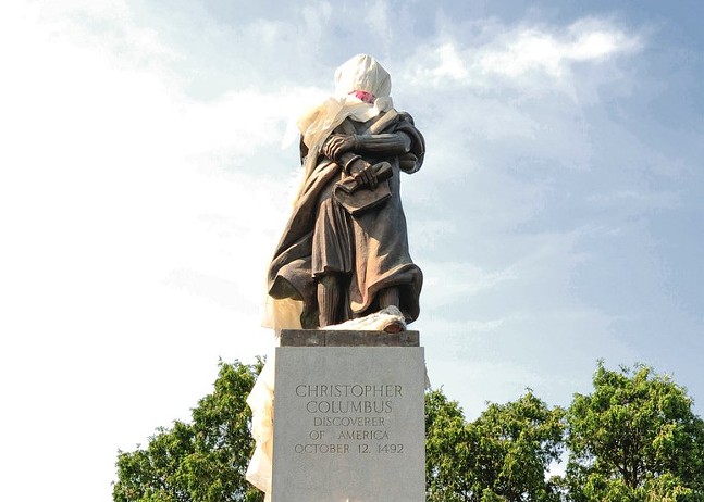 Schenley Park's veiled Columbus statue is losing its covering as legal challenges hold up removal