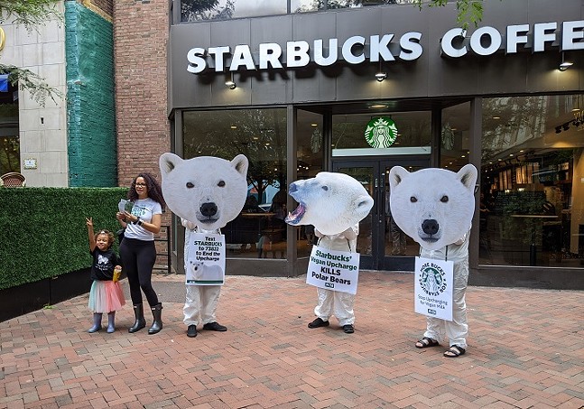 PETA polar bears roar into Market Square to protest Starbucks' vegan upcharge