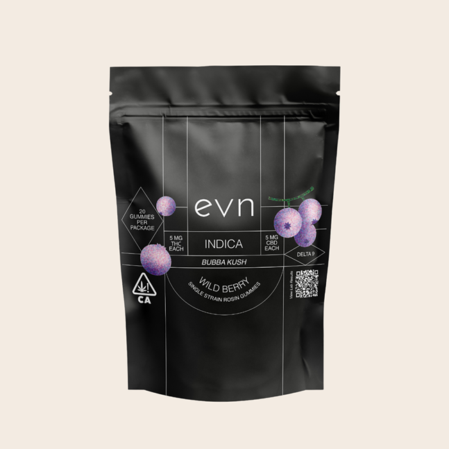 Image of a black bag labeled "evn INDICA BUBBA KUSH" in the flavor WILD BERRY, over a soft beige background