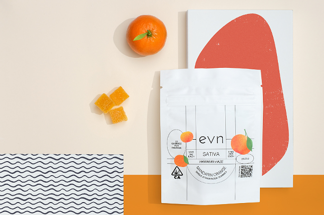Photo: white bag of evn sativa gummies with citrus imagery, background is abstract color blocking with an orange and orange square gummies in the frame