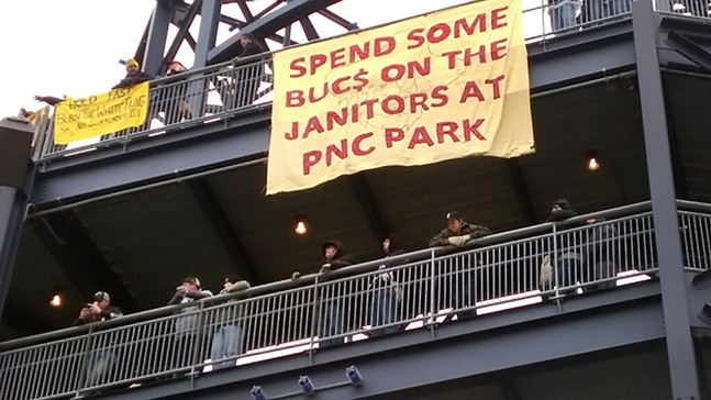 Janitors calling for $15/hour demonstrate on Pittsburgh Pirates opening day