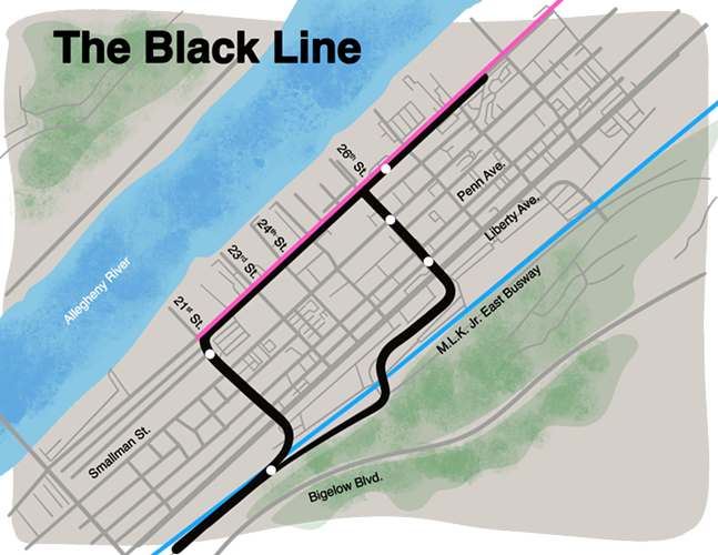 A map showing a trolley loop with stations running from the East Busway through the Strip via 21st and 26th Streets.