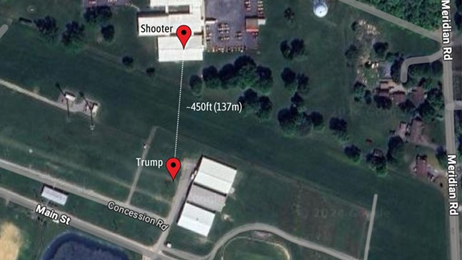 A map showing a rooftop and large field with a distance between the shooter and Trump being about 450ft/137m