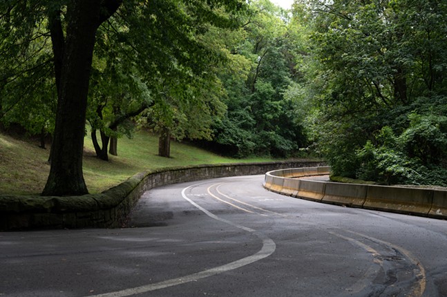 A road lined on one side by jersey barriers winds among trees