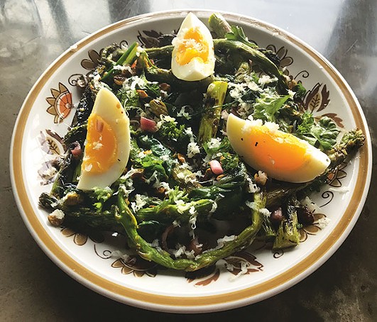 Grilled asparagus with ramps, hard-boiled egg and horseradish