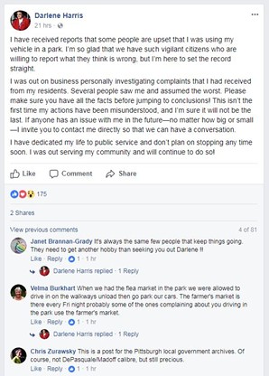 Pittsburgh City Councilor Darlene Harris caught driving car on pedestrian path in park, upsetting constituents
