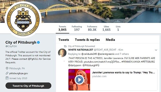 Pittsburgh official Twitter account retweets a user with title "WHITE NATIONALIST"; city says it was in error