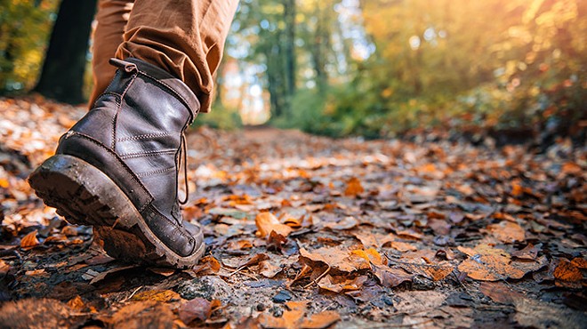 A close-up of a leg showing a hiking boot walks on a leaf-covered trail