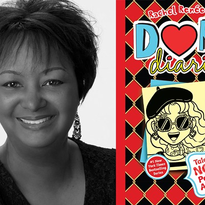 Rachel Renée Russell, author of the Dork Diaries series, on left. Cover of Dork Diaries: Tales from a Not-So-Posh Paris Adventure on right.
